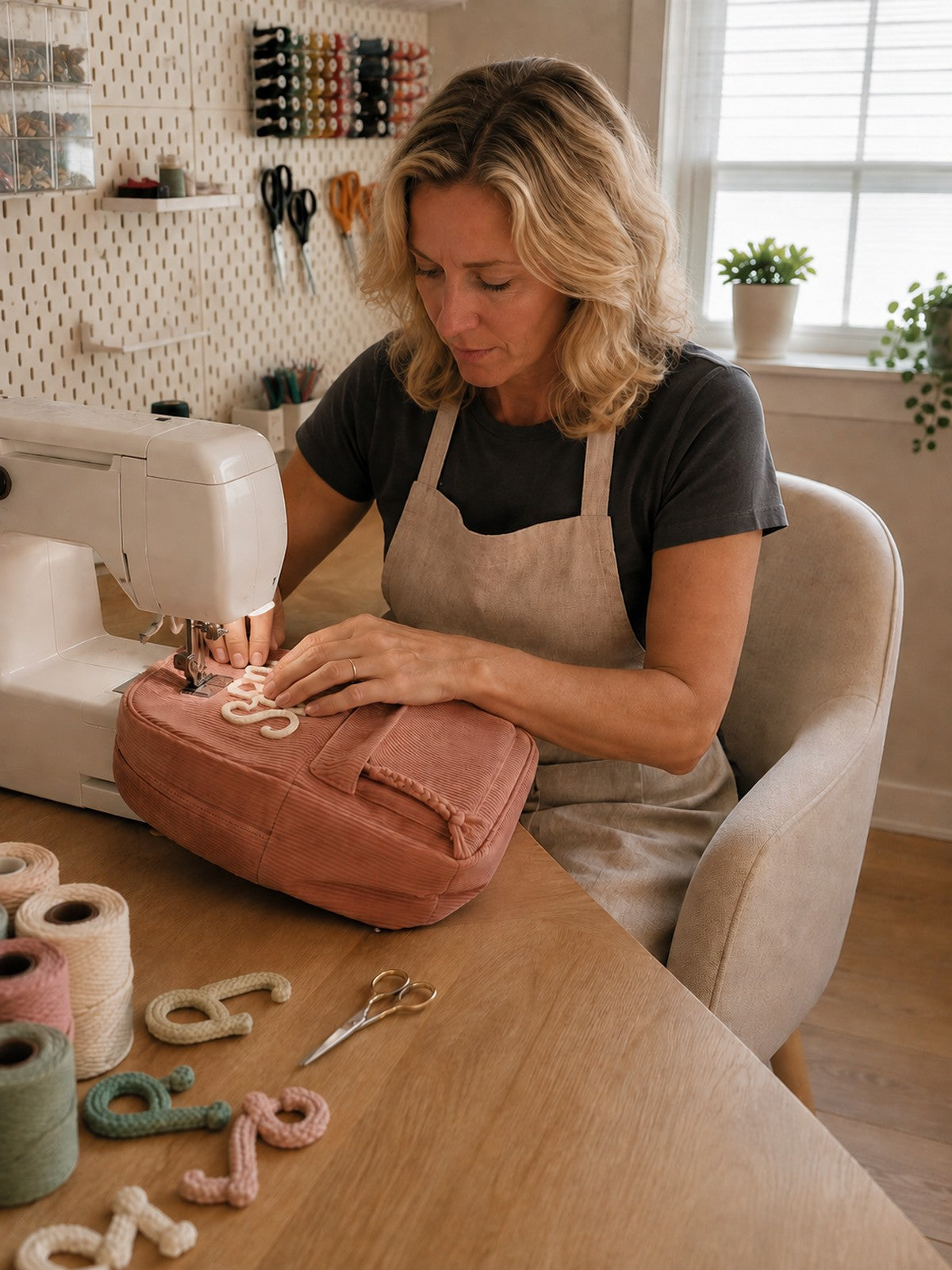 Costurera cosiendo a mano una letra sobre una mochila rosa en su taller